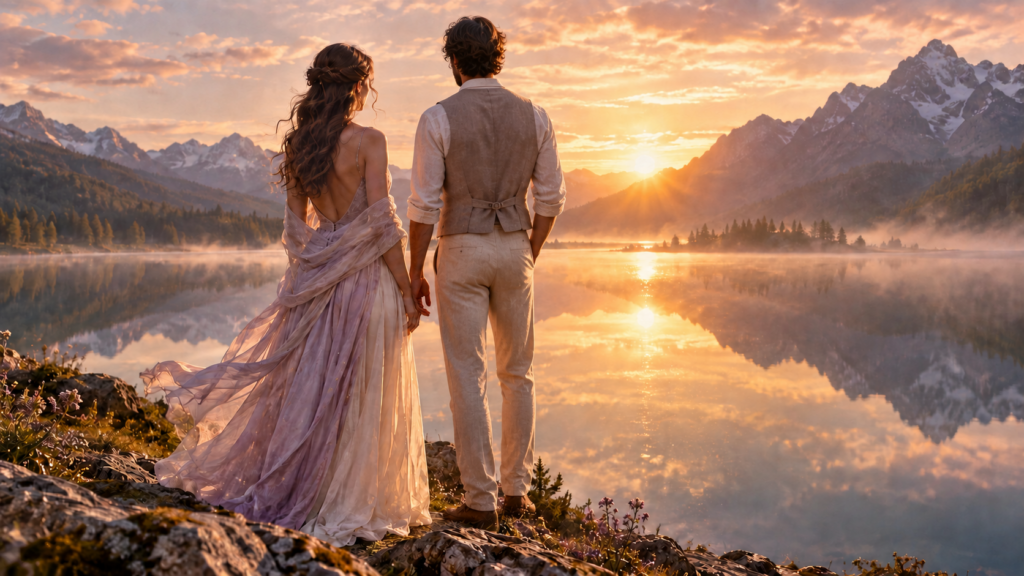 Man en vrouw samen bij een spiegelend bergmeer in warm gouden en lila ochtendlicht